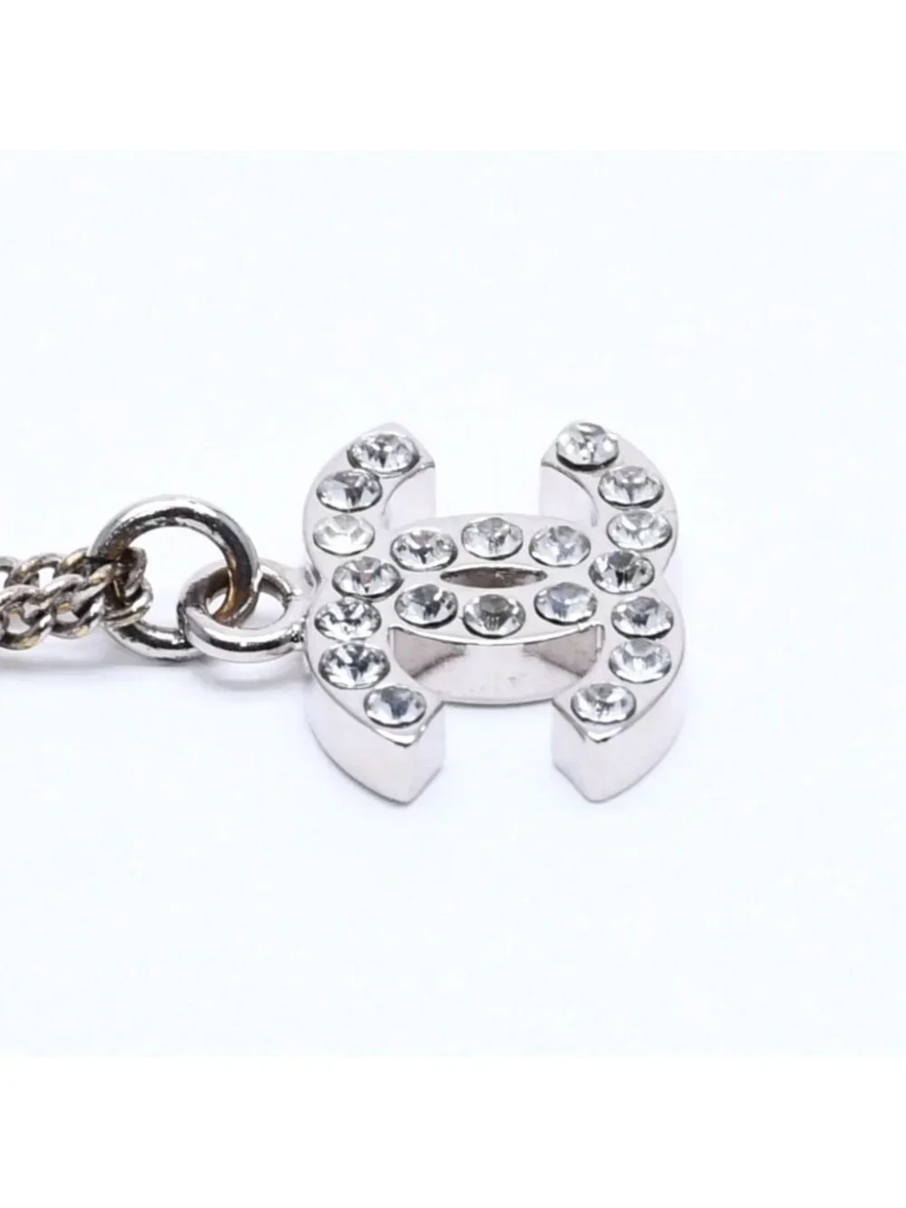 Chanel Necklace CC Logo Rhinestone Silver 11